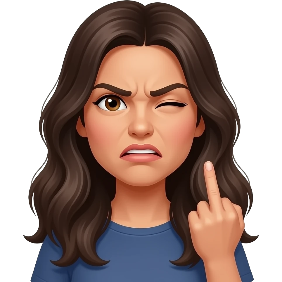 Annoyed pretty latina cussing with long hair and sticking up her middle finger and rolling her eyes emoji