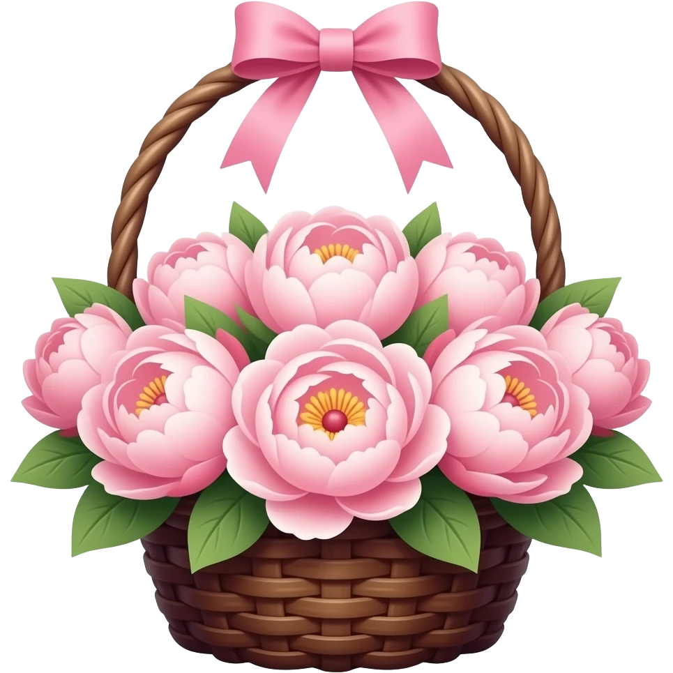 peonies in a dark brown basket with a pink bow and make it look less animated emoji