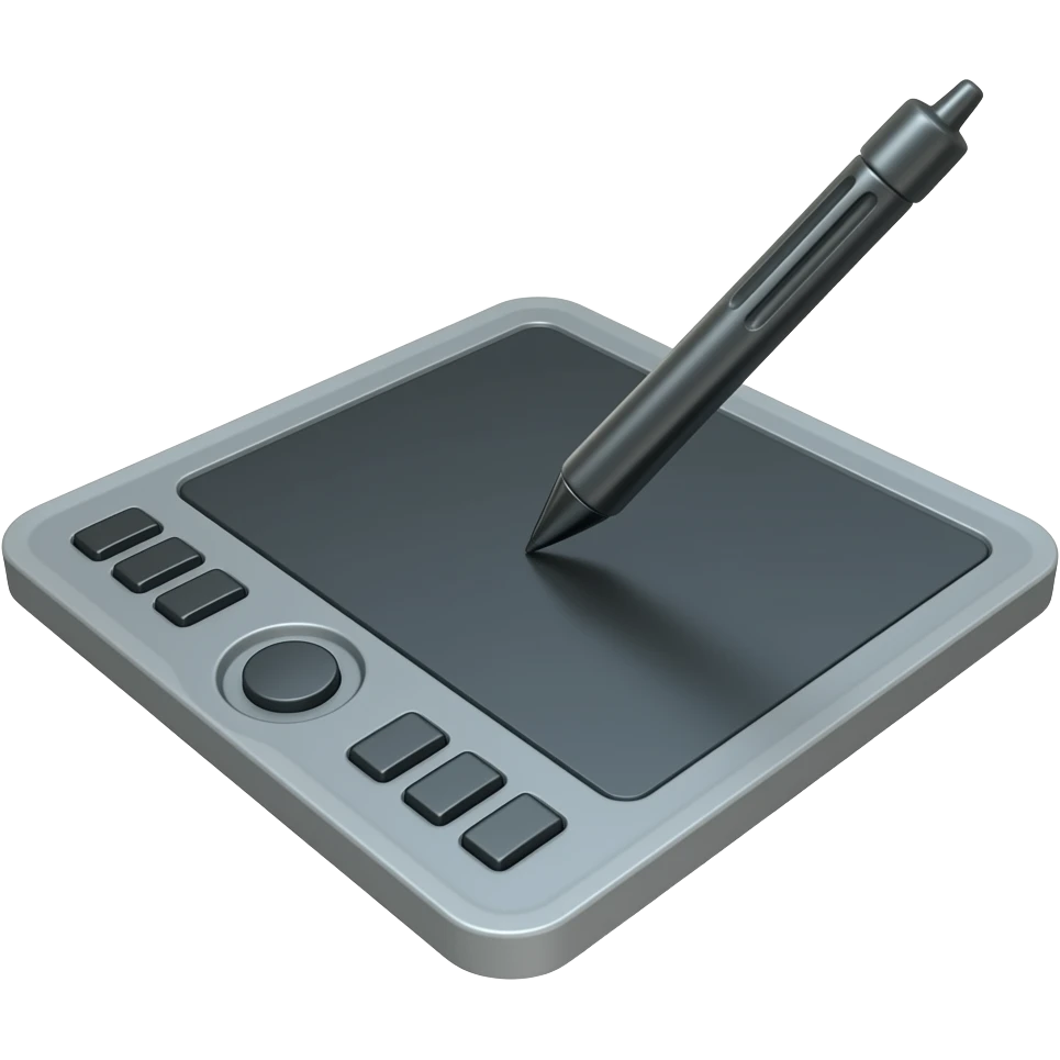 Crée 1 emoji iOS 18 représentant une tablette graphique, stylet,. La vue est prise en 3 quarts.l'ensemble est isolée sur un fond blanc. emoji