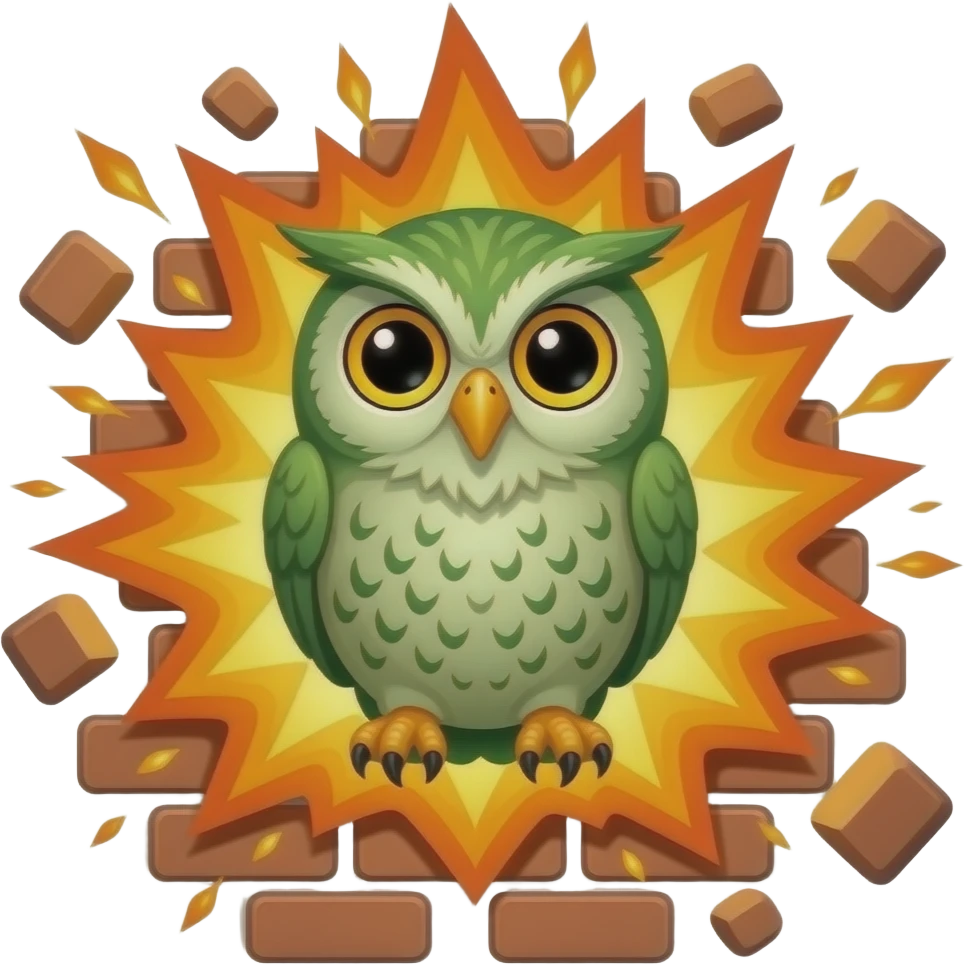can you do a green owl bursting through a wall with an explosion around it emoji