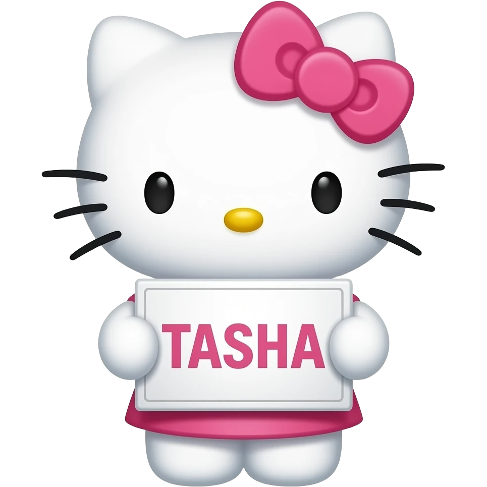 hello Kitty head with pink bow with with front paws holding a sign with the name TASHA emoji