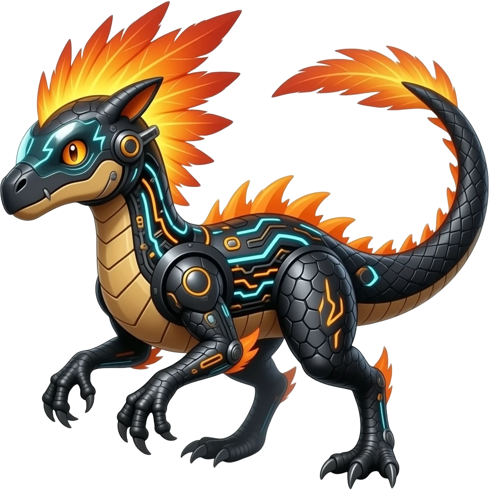 Cool edgy fiery cybernetic electrical visor-helmeted, Circuitry-patterned black-scaled digitigrade futuristic raptorik fantasy-Cyberpunk-Steampunk-Solarpunk-Genesect-Salamence-Cyclizar-Salazzle-Protogen-Fakémon-animal-hybrid, with neon feather-mane, and a tail blade, back spikes emoji