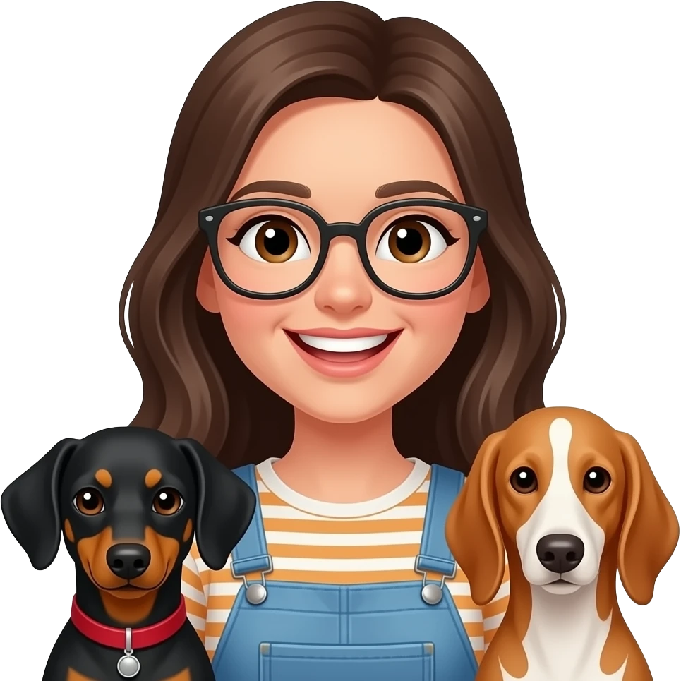 a brunette girl with glasses and a big smile, with her 3 dogs: 2 wiener dogs one black and the other brown, and one cinnamon color grayhound emoji