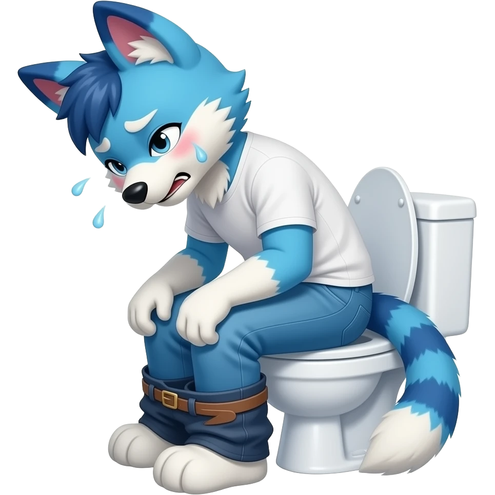 blue fursuit sitting on toilet, side view, pants down, straining face, blushing face, sweating, pain, pushing, both fits, discomfort emoji