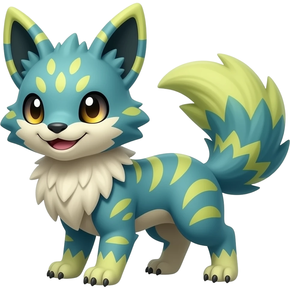 Exotic tropical happy Beautiful pretty cool edgy elegant realistic Feral Rare Fantasy colorful vibrant Vernid-Trico-species-Fakemon-creature by LiLaiRa, random markings, tufted tail, tufted ears, full body emoji