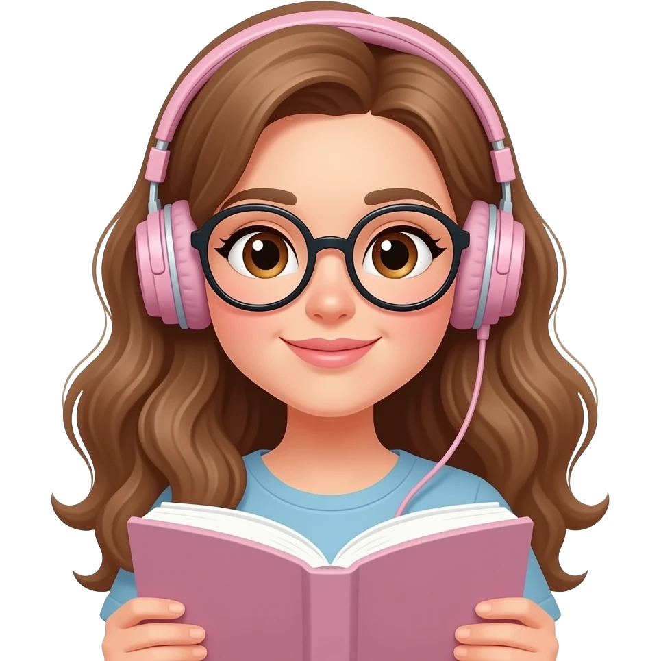 detailed emoji illustration of a curvy woman with long light brown wavy hair, light brown eyes and round glasses reading a book while wearing headphones pastel pink, calm focused vibe, cute emoji style emoji