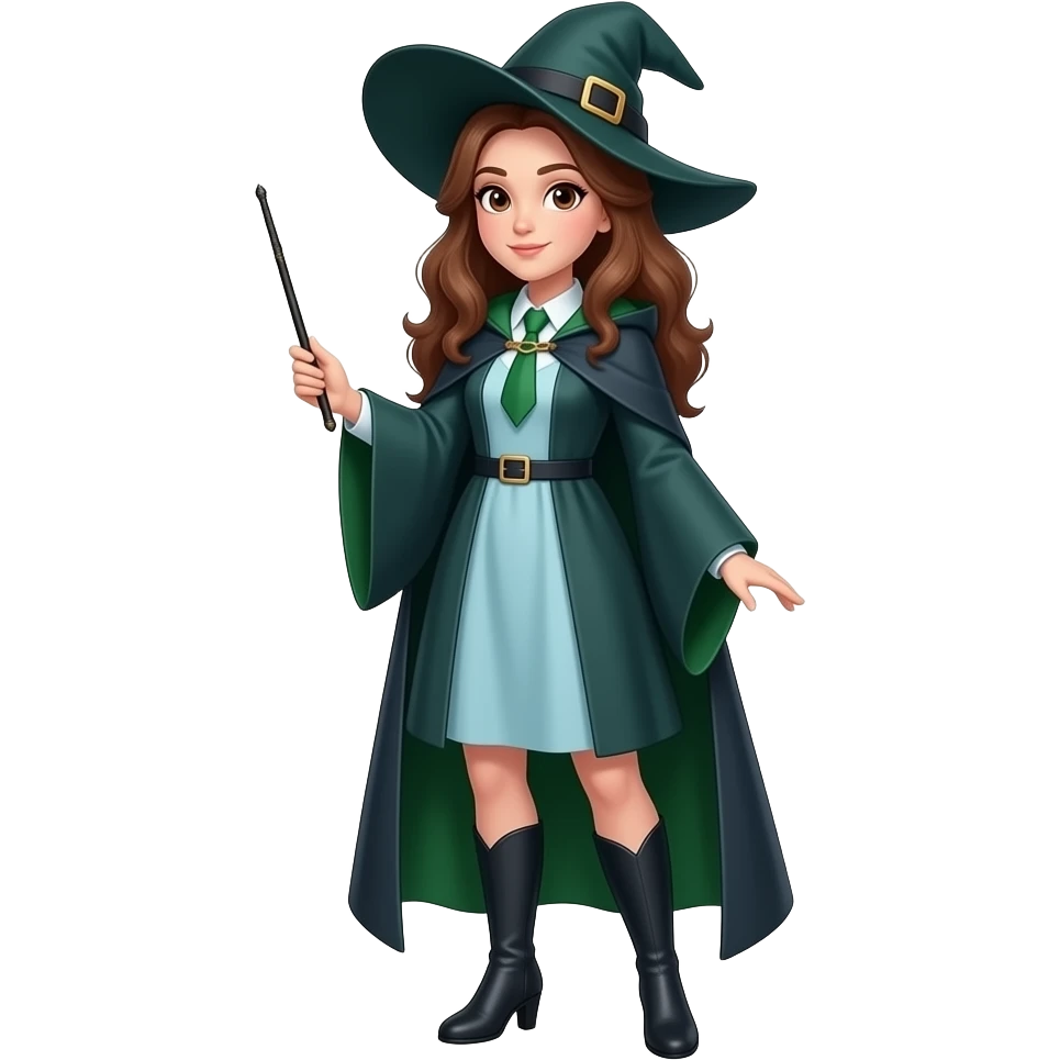 A full body White/Fair skinned woman with brown hair and brown eyes and wearing a long light Blue and forest green Witch outfit with black ankle boots and holding a pure black wand. emoji