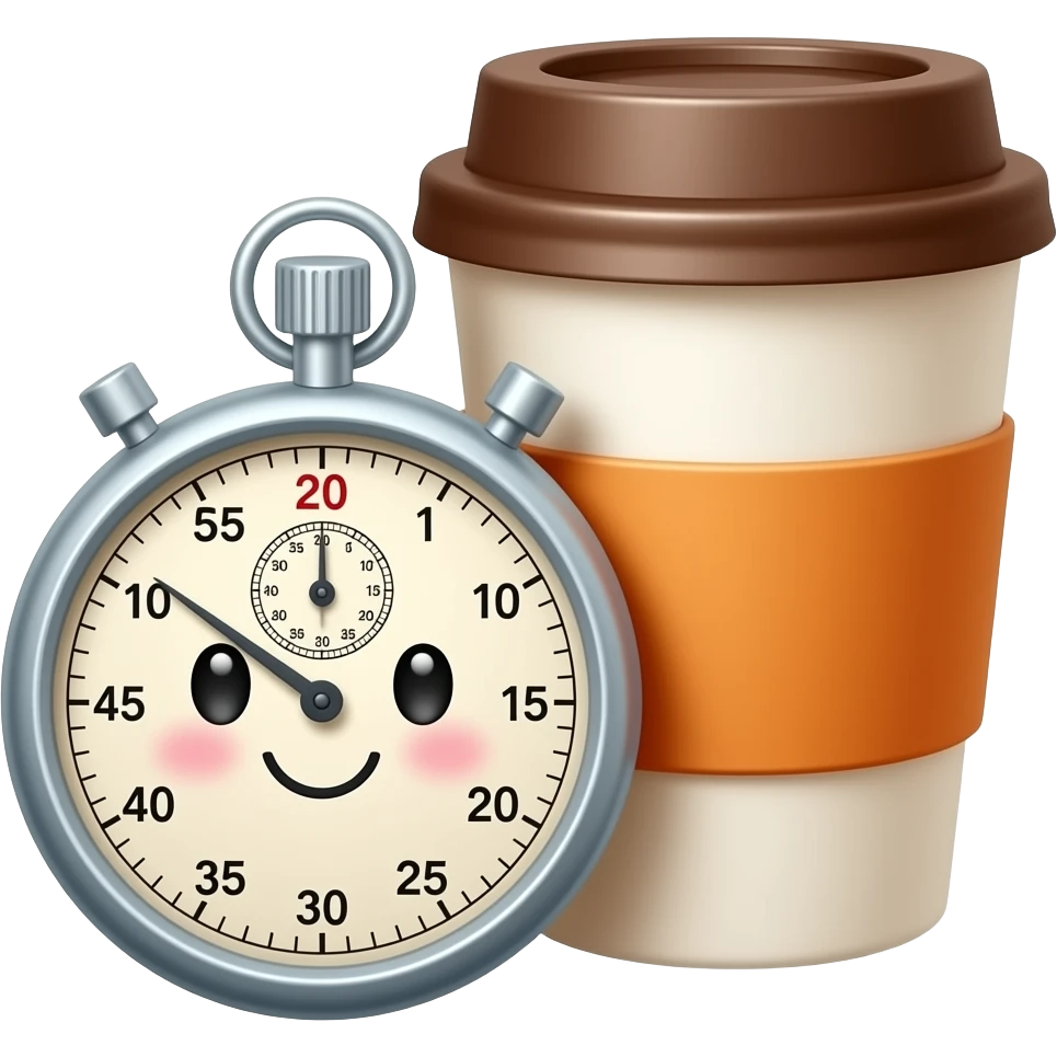 A cute friendly stopwatch resting next to a stylish paper coffee cup. The concept of taking a cozy coffee break, "time out". Soft 3D render, claymorphism, smooth glossy finish, vibrant yet calming pastel colors, warm orange and coffee accents emoji