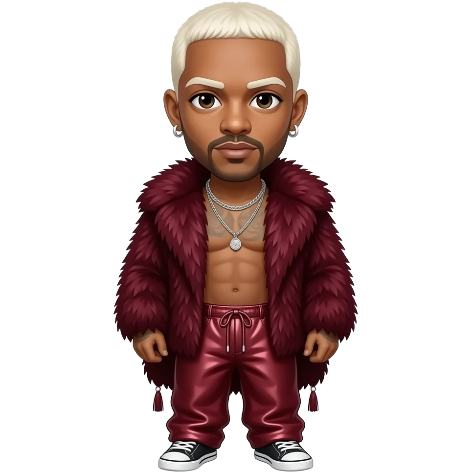 Sisqo with dark brown eyes, white blonde buzz cut hair, maroon fur shawl, maroon metallic baggy pants, shirtless with necklace and earrings emoji