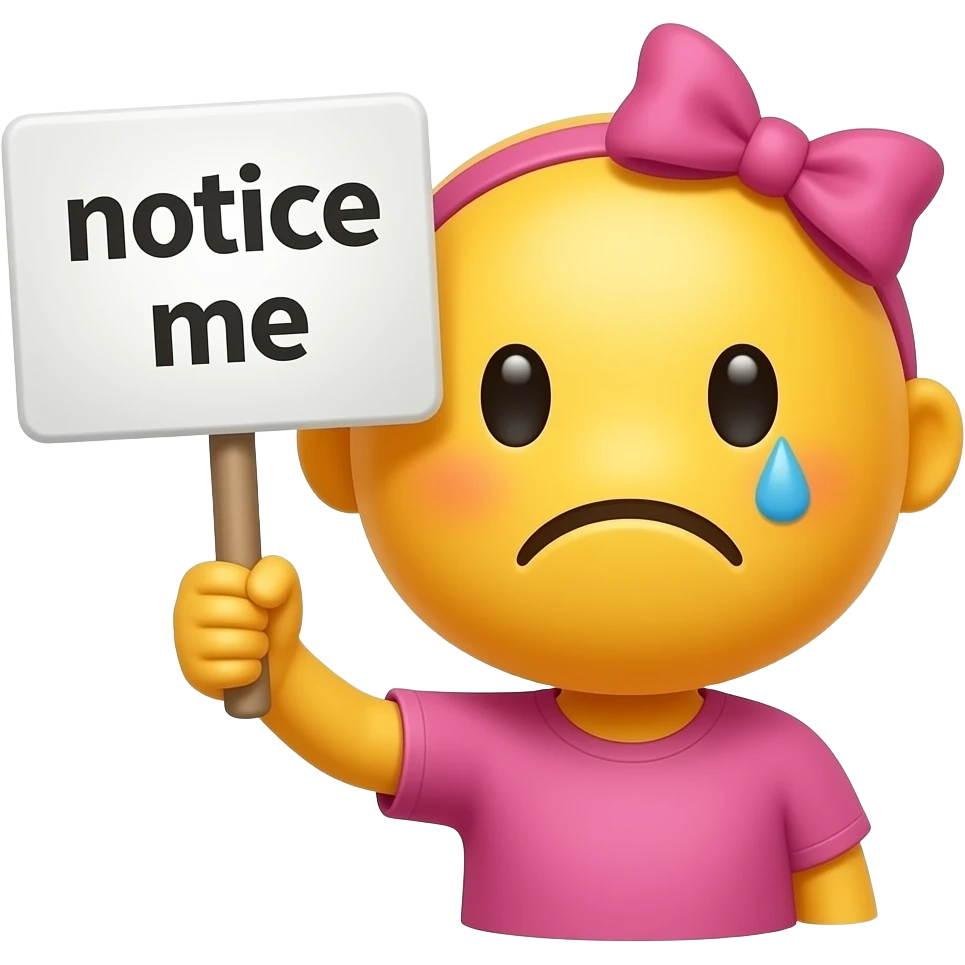 Yellow smiley with pink hairbow sad holding up a sign that says "notice me" emoji