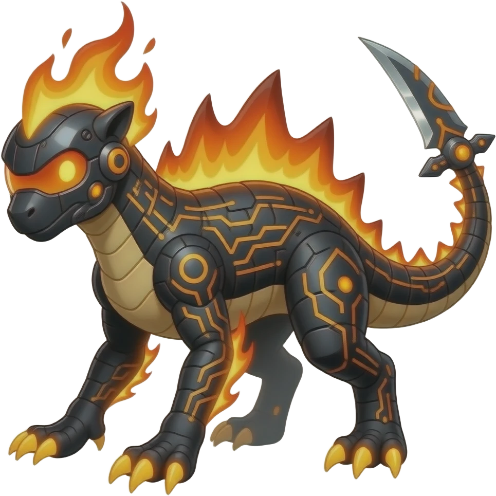 Cool edgy fiery bipedal scaly cybernetic visor-helmeted, Circuitry-patterned black-scaled digitigrade futuristic fantasy-Cyberpunk-Steampunk-Solarpunk-Sharpedo-Gabite-Genesect-Cyclizar-Salandit-Protogen-Fakémon-hybrid, tail blade, back spikes emoji