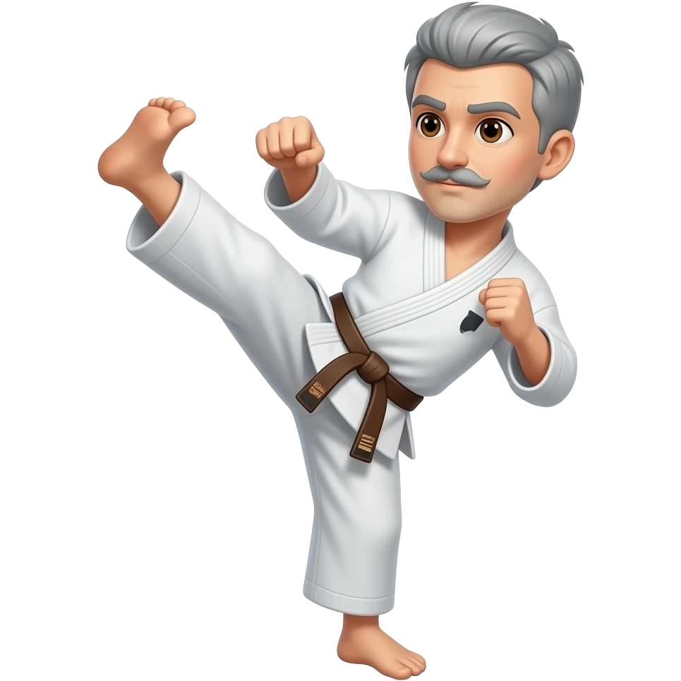 No BEARD, SHORT gray hair with a mustache doing a karate kick and brown eyes and Brown Belt emoji