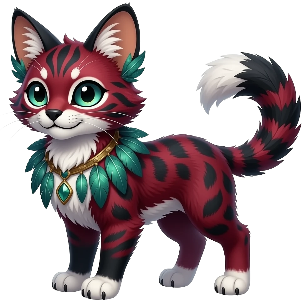 Colorful dark tropical feathery tribal dark burgundy wine-red obsidian-black jade-green white glorious iridescent divine exotic cute cool beautiful beautiful fantasy-caracal-civet-genet-sergal-vernid-Gryphon-Cacomistle-Trico-oncilla-animal-Fakémon-hybrid-fursona (full body)  SIMILAR emoji
