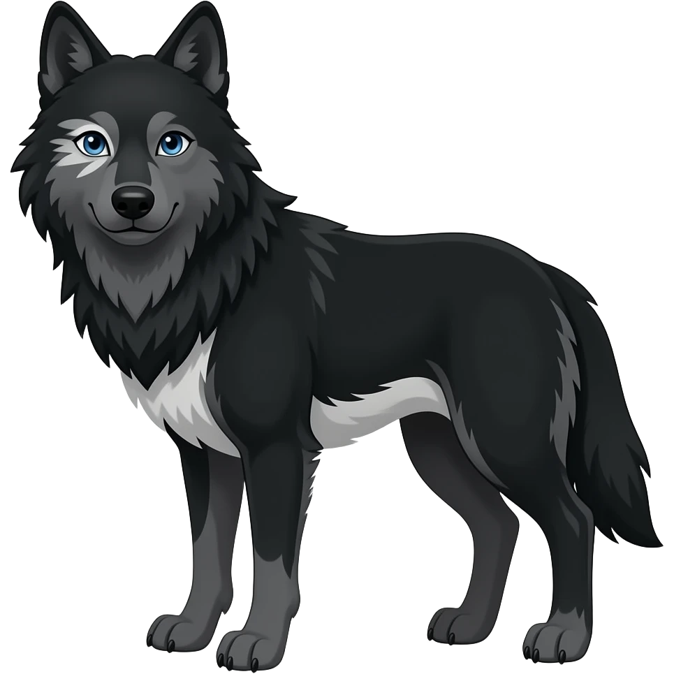 black wolf with blue eyes and greyish white markings over the left eye around the eye,  and a bit of white on theunderbelly and tail emoji