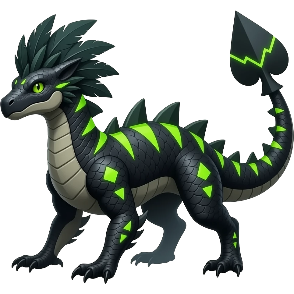 Cool edgy ancient black-scaled with neon-green triangular stripe markings digitigrade vintage futuristic raptorik fantasy-Cyberpunk-Steampunk-Solarpunk-Genesect-Salamence-Tyranitar-Vernid-Fionbri-Fakémon-animal-hybrid, with neon-green feather-Mohawk, and a tail spade, with back spikes, full body emoji