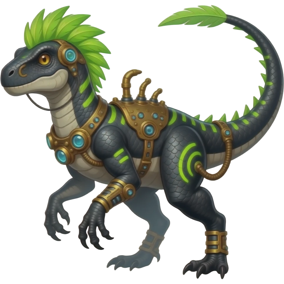 Cool edgy ancient black-scaled with neon-colored stripe markings digitigrade bipedal vintage futuristic raptorik fantasy-Cyberpunk-Steampunk-Solarpunk-Genesect-Salamence-Cyclizar-Salazzle-Feraligatr-Fakémon-animal-hybrid, with neon-green feather-mane, and a tail blade, back spikes, full body emoji