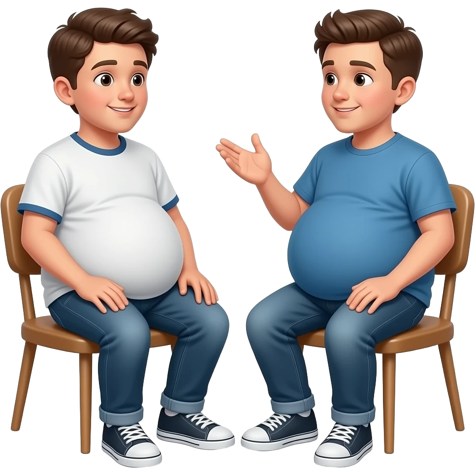 Oba chłopaki z bardzo ogromnymi brzuchami mają 14 lat ich brzuchy mają kształt jak kula siedzą na krześle i rozmawiają emoji