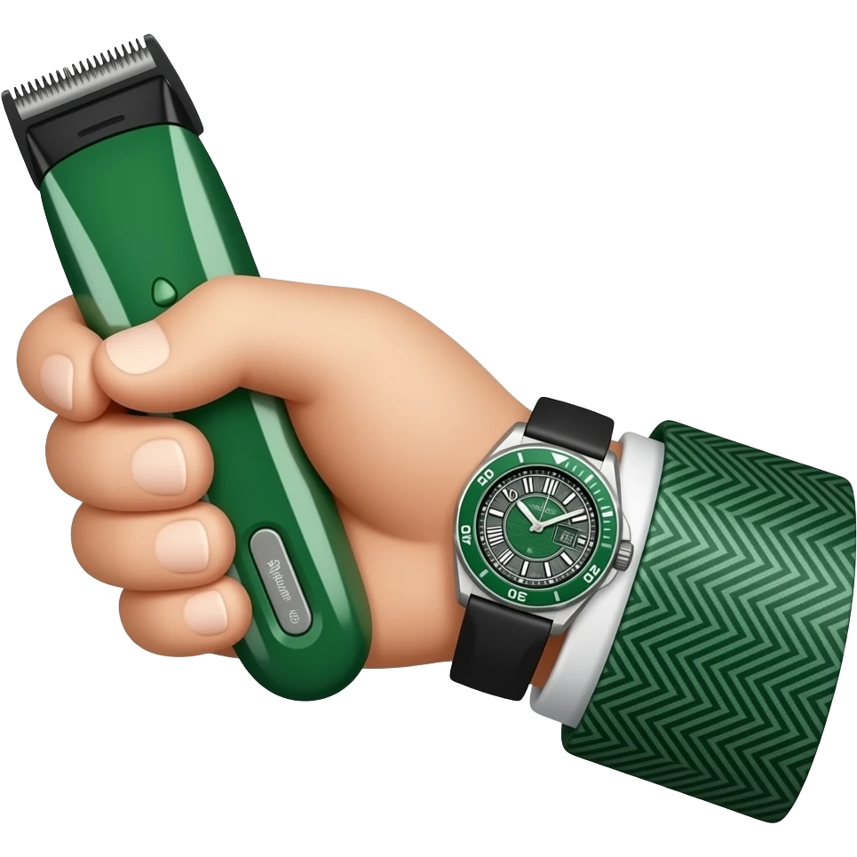 hand emoji with green herringbone suit sleeve, green richard mille watch, holding green barber trimmer emoji