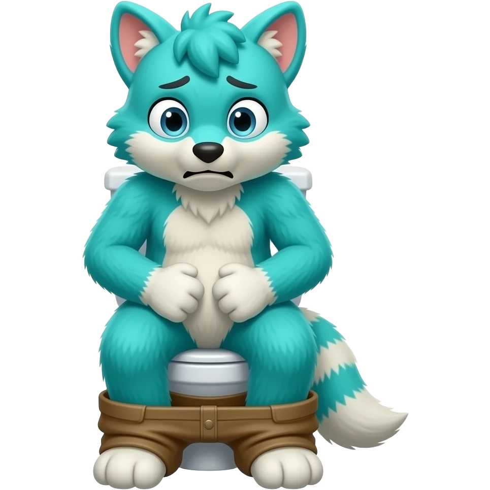 cyan fursuit sitting on toilet,  front view ,pants down, pushing, straining face,  uncomfortable, constipation , emoji