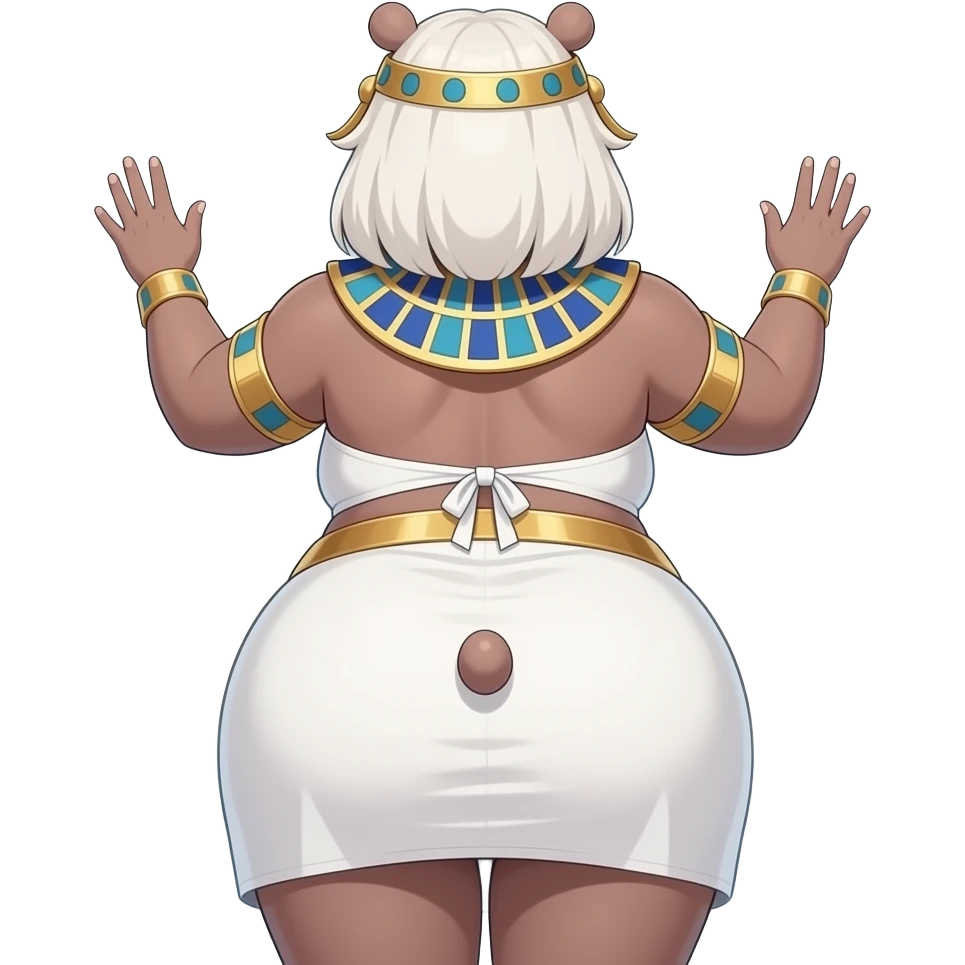 Anime extremely fat big booty a white hair female hippo cosplaying Egyptian girl showing back her buttocks with putting her hands behind the wall with her white dress emoji