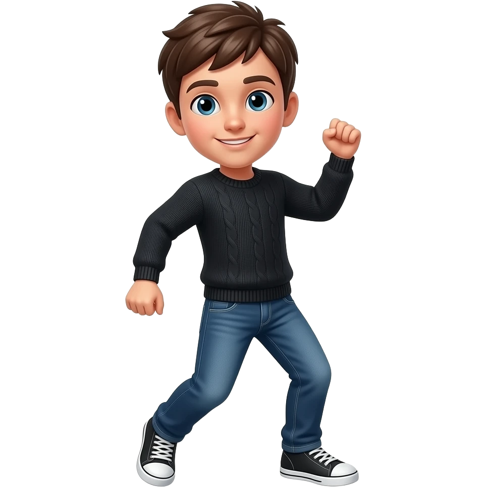 Niño con suéter negro manga corta y jeans bailando emoji