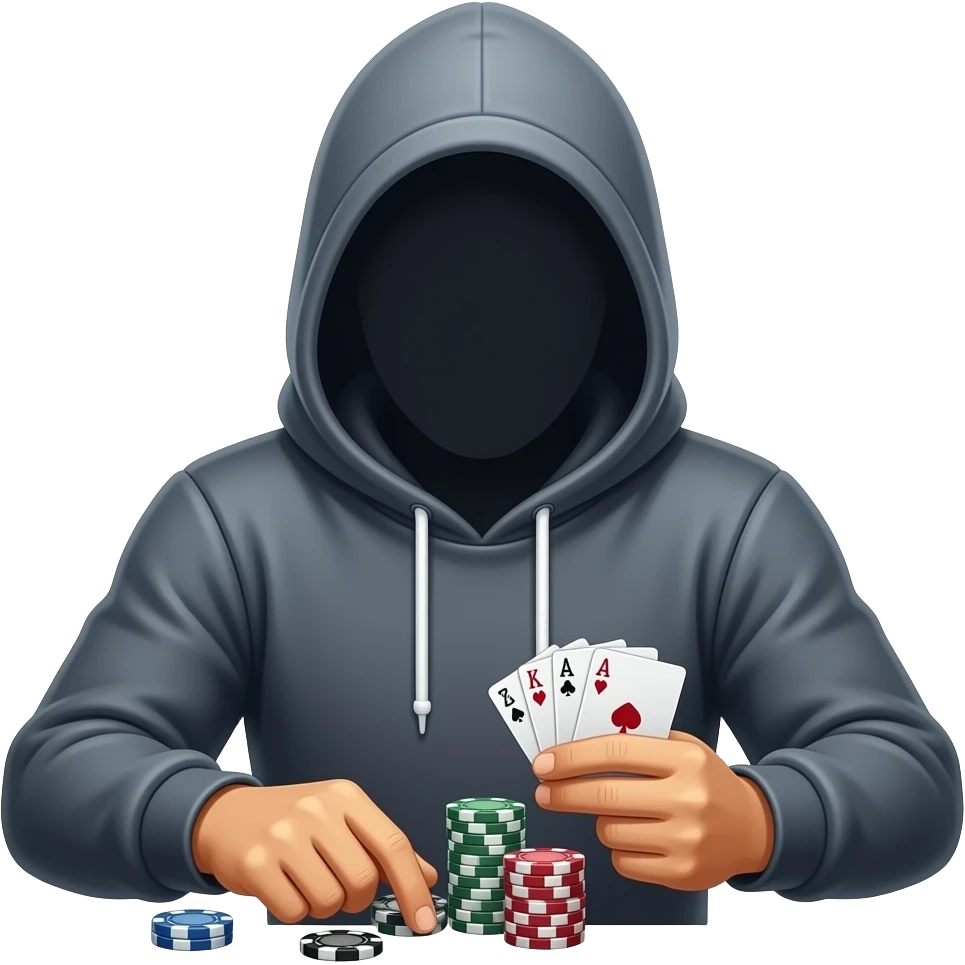 A man with hoodie and shadow in his face playing poker and talks strategy emoji