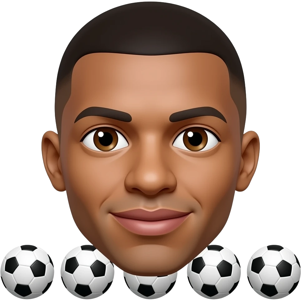 Mbappe-inspired 3D emoji, same face every time, 3 small footballs in background, clear face. emoji