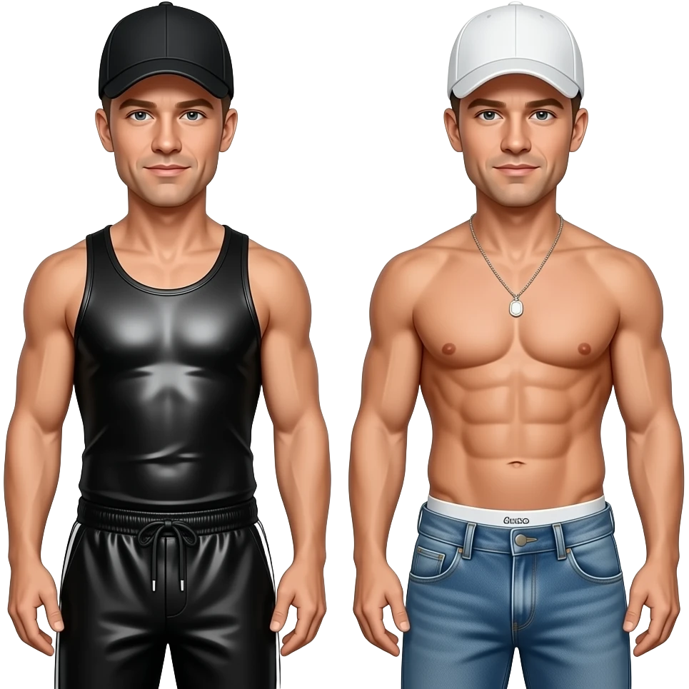 Donnie Wahlberg with black cap, black metallic tank top, black metallic baggy joggers, Mark Wahlberg with white cap, denin baggy jeans with white undies, shirtless with necklace emoji