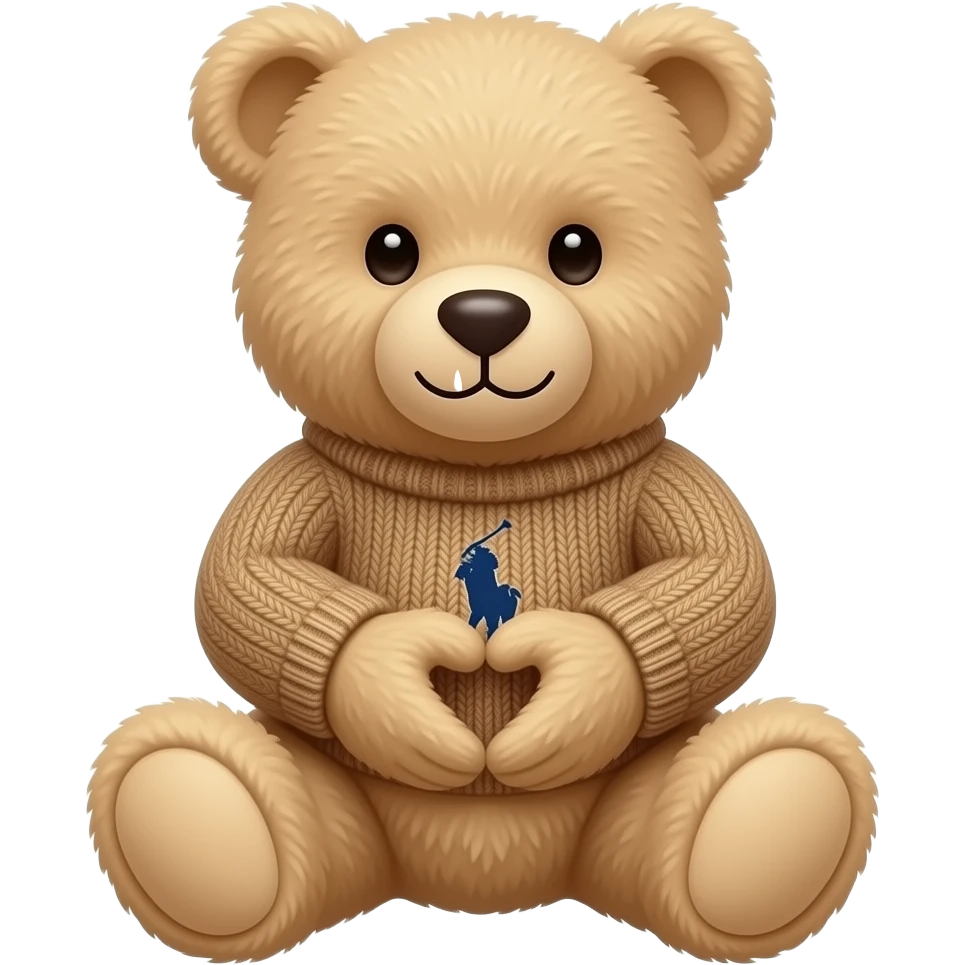 beige teddy bear in light brown ralph loren sweater hands joining forming a heart and seat emoji