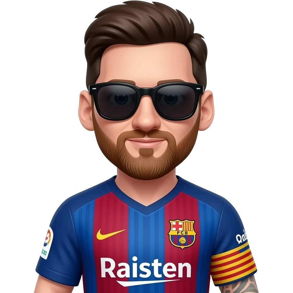 Messi-inspired 3D emoji, full Barcelona jersey, 1 large black sunglasses beside body. emoji