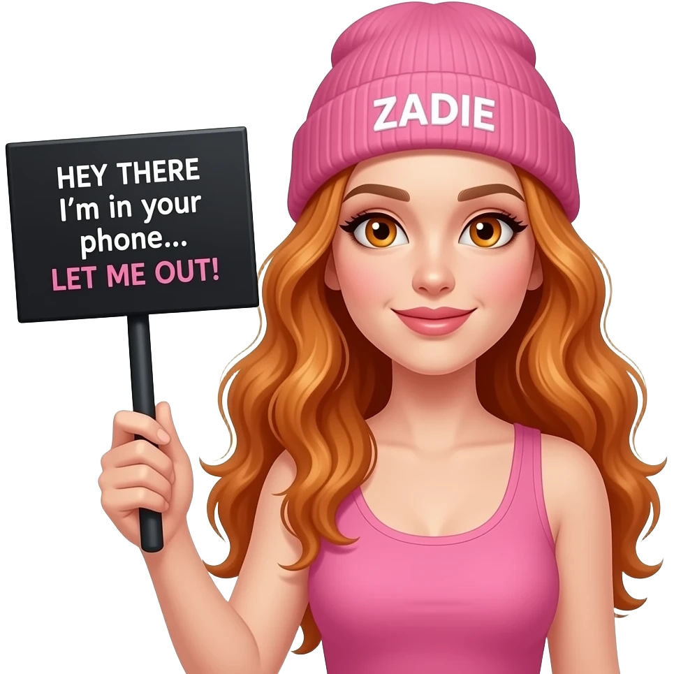 sexy girl with overlong wavy ginger hair and ginger eyes wearing a pink tanktop and a pink beanie with ZADIE written on it, is holding a black sign with HEY THERE I'm in your phone... LET ME OUT! written on it emoji