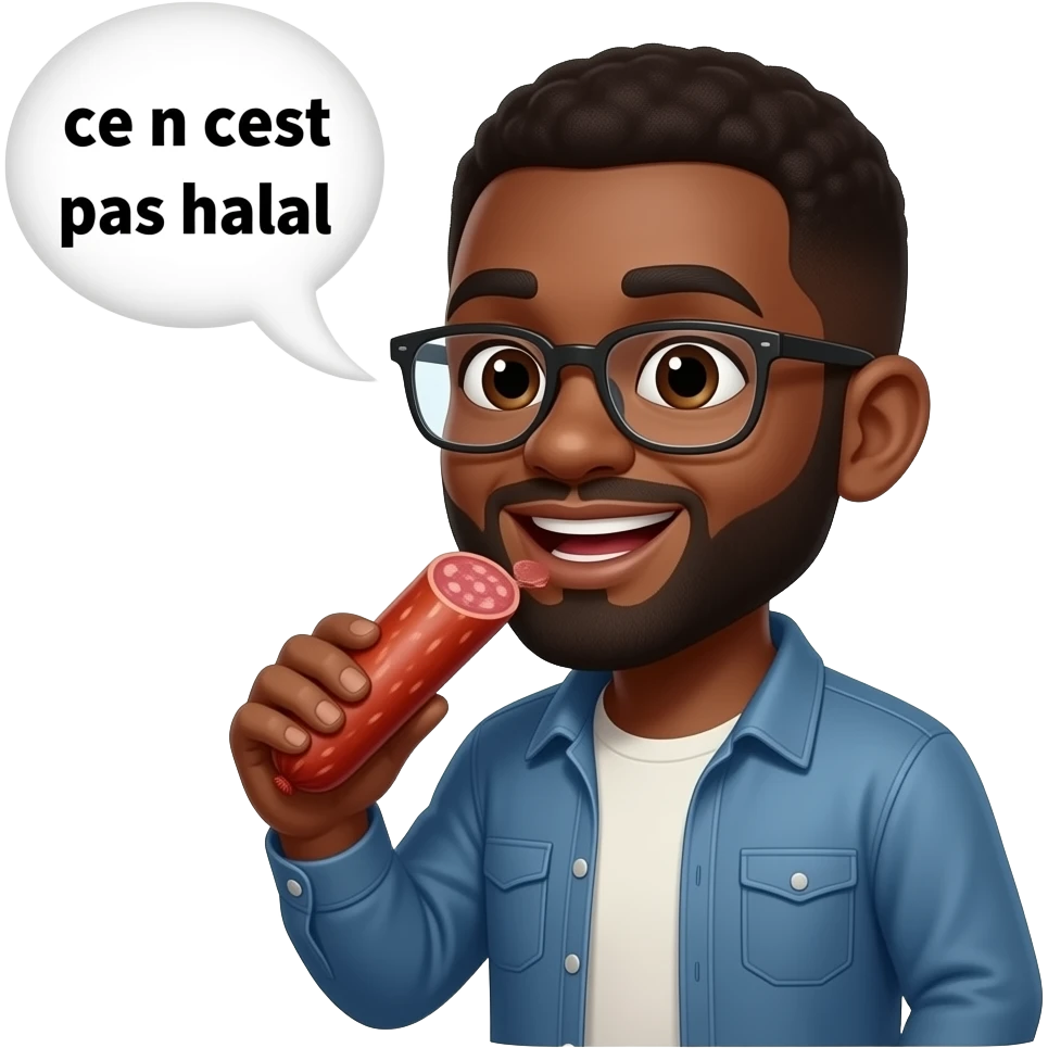 Un arbe noir entrain de manger du Saucisson en disant dans une bulle ce n est pas halal emoji