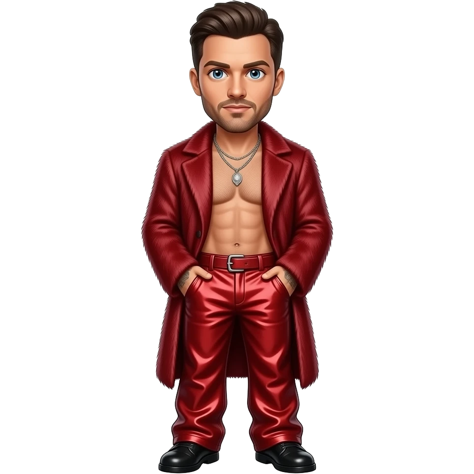 Robin Thicke with blue eyes, dark brown hair, crimson fur coat, crimson metallic baggy pants, shirtless with necklace emoji