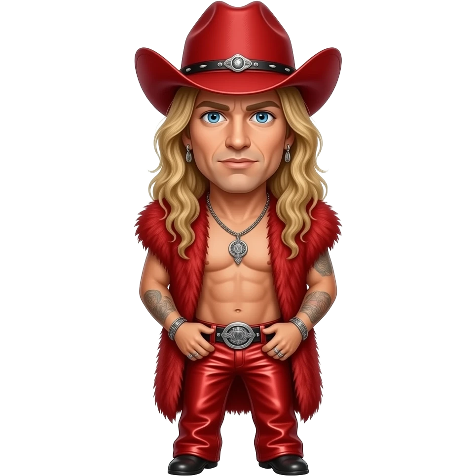Bret Michaels with blue eyes, long blonde hair, red cowboy hat, red fur shawl, red metallic baggy pants, shirtless with necklace and earrings emoji