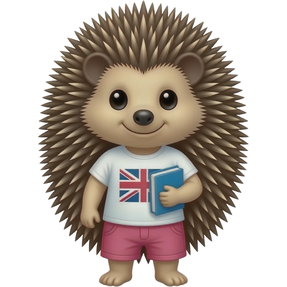 Hedgehog with pink shorts and white t-shirt and british flag and book emoji