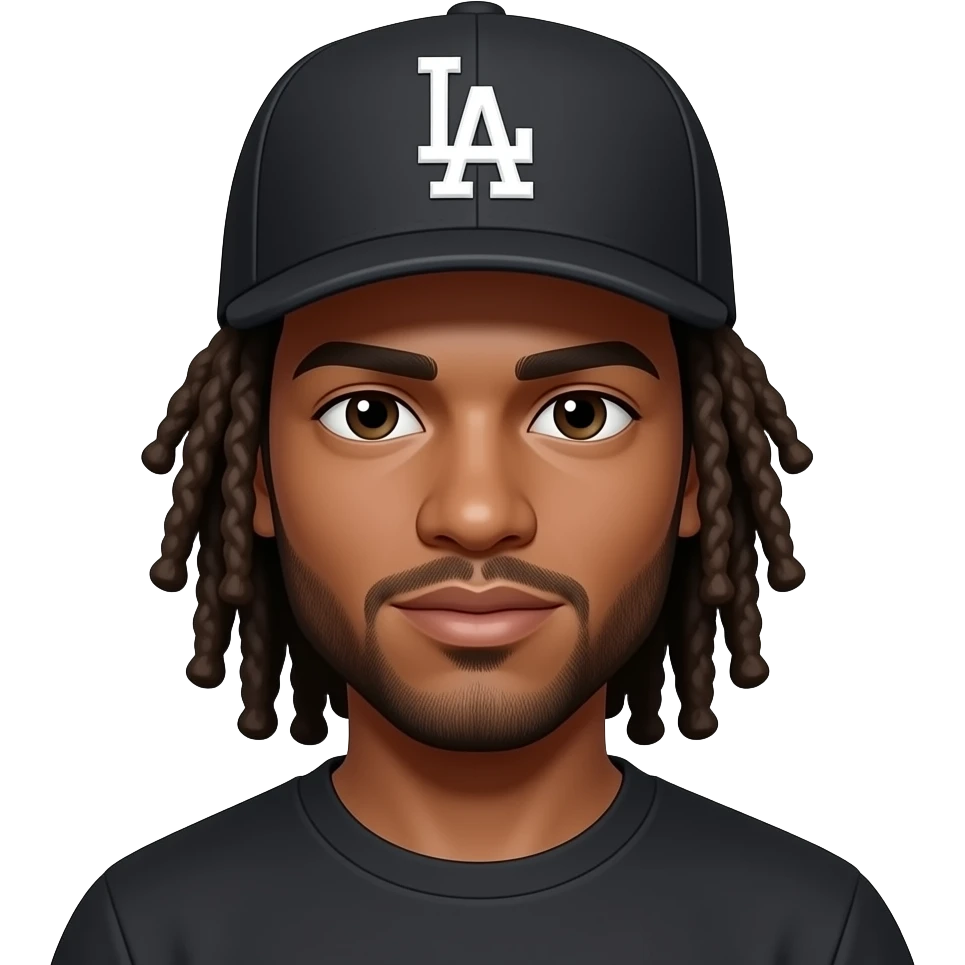 mixed light skin guy with a black LA dodgers hat black worn backwards with waist length long dreads emoji