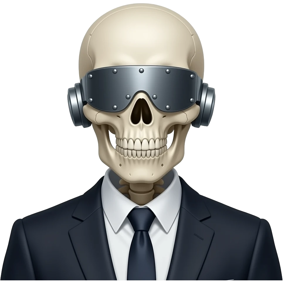 a skeletal figure wearing a  suit who embodies the phrase "See no evil, hear no evil, speak no evil" as well as a symbol of censorship. His eyes are covered by a riveted-on visor, his mouth is clamped shut, and his ears are closed with metal caps emoji