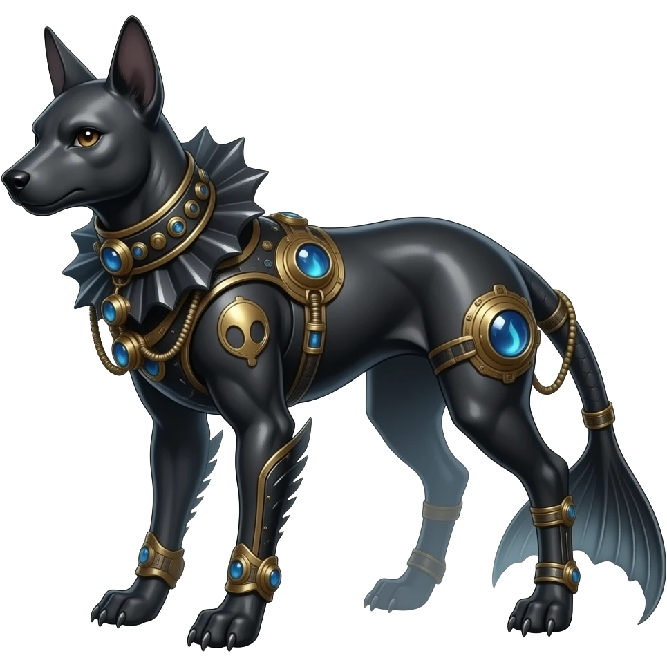 Quadrupedal digitigrade shiny glossy smooth finned frilled gothic tall slim unique epic legendary shiny edgy cool steampunk-cyberpunk-solarpunk-fantasy-Absol-Sprigatito-Vaporeon-Manectric-Mudkip-Fakémon-hybrid emoji