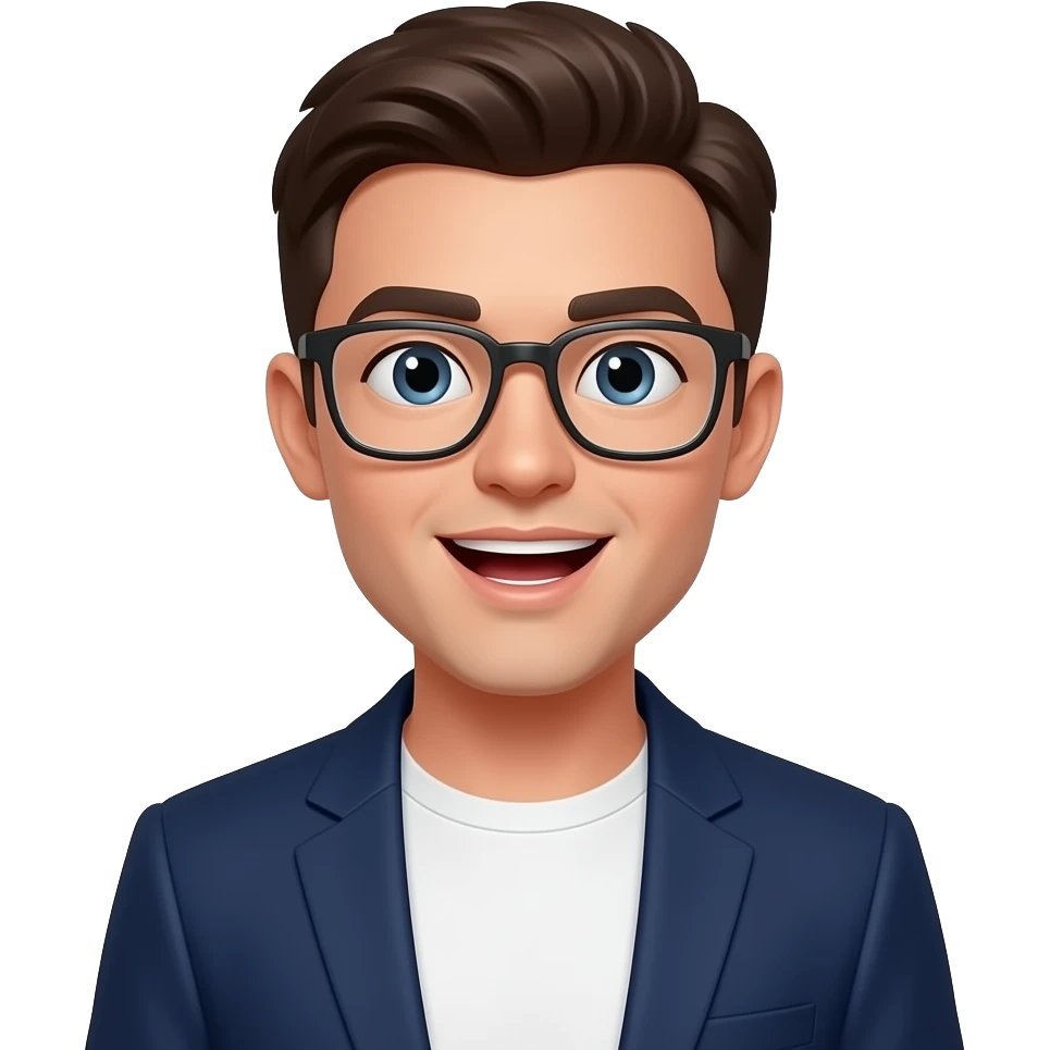 cute young man with frameless glasses in white tshirt and navy blazer, his mouth is opened, eyes small, face round, short neck emoji