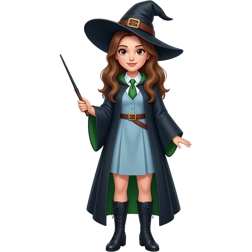 A full body White/Fair skinned woman with brown hair and brown eyes and wearing a long light Blue and forest green Witch outfit with black ankle boots and holding a pure black wand. emoji