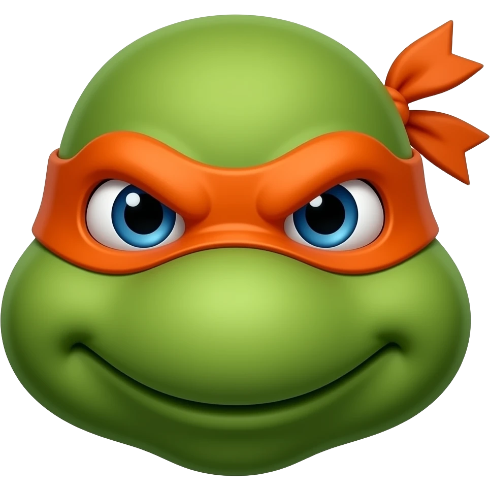 Donatello Ninja Turtle head wearing orange mask with knot on one side with tails, serious face emoji