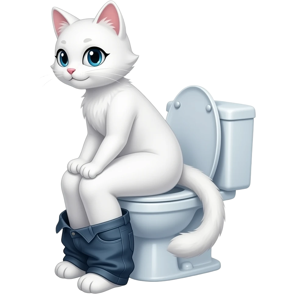Female white diamond cat furry woman person,sit on toilet,pants down,fursona,side view emoji