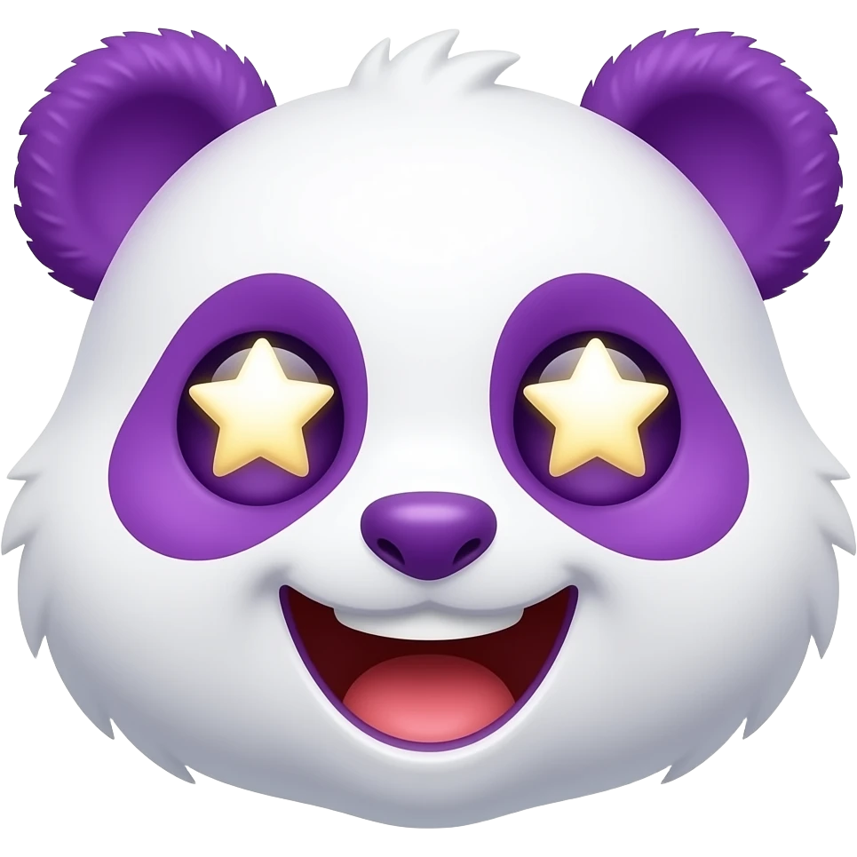 A close-up face of a cute purple panda mascot with giant, sparkling "star" eyes and a huge open-mouthed grin. High-contrast vibrant purple and white fur, sticker style with a thick white border, flat vector art, simple shapes for visibility at small sizes. emoji