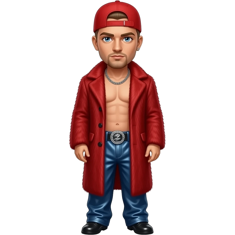 Fred Durst with blue eyes, light brown buzz cut hair, red cap, red fur coat, dark blue metallic baggy pants, shirtless with necklace emoji