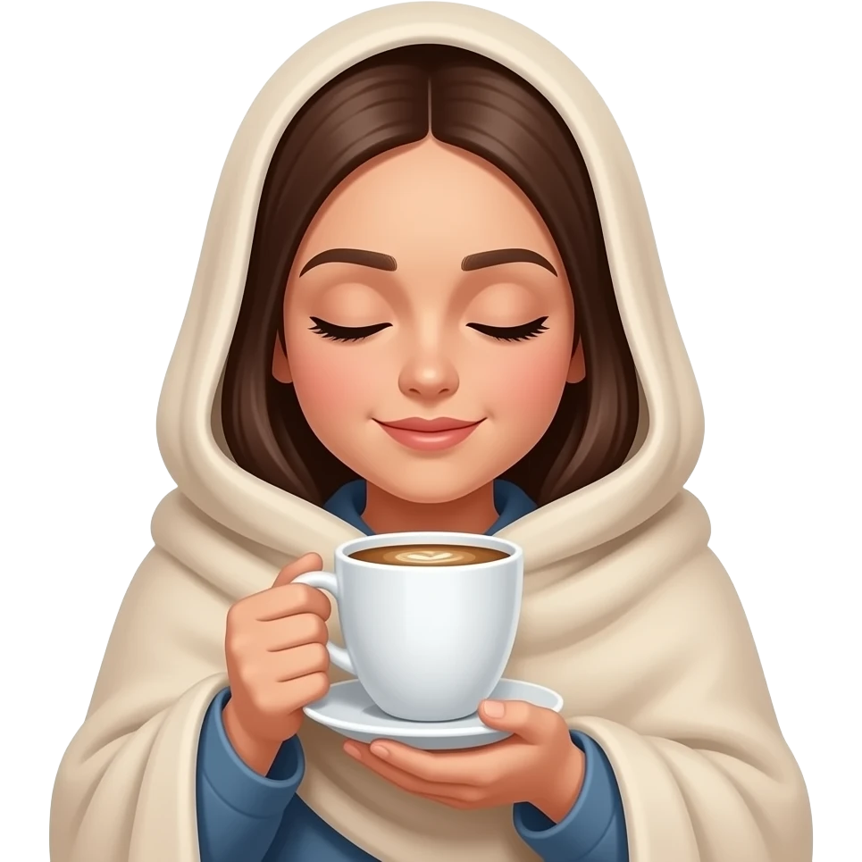 دختر سبزه درون پتویی در حال نوشیدن قهوه با چشمانی بسته emoji