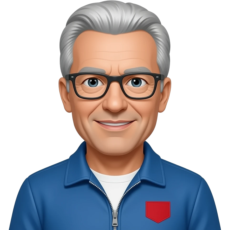 Epstein in blue jacket with red patch emoji