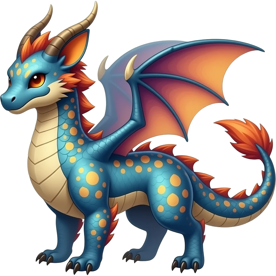 Beautiful pretty cool edgy elegant realistic Feral Rare Fantasy colorful vibrant Vernid-Trico-Haku-dragon-species-Fakemon-creature by LiLaiRa, random markings, tufted tail, tufted ears, full body emoji