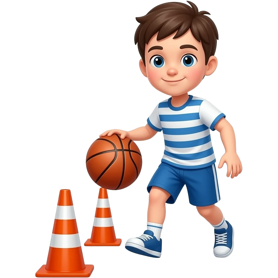 a kid dribbling a ball in between 5 cones with his feet emoji