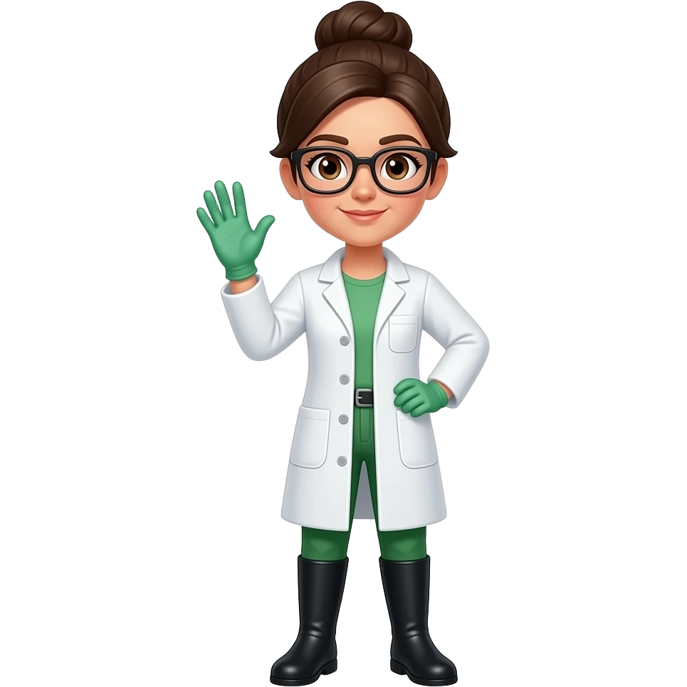 brunette scientist woman with brown eyes, brown hair, in a bun, black glasses, green gloves, a white lab coat, green pants and black boots emoji