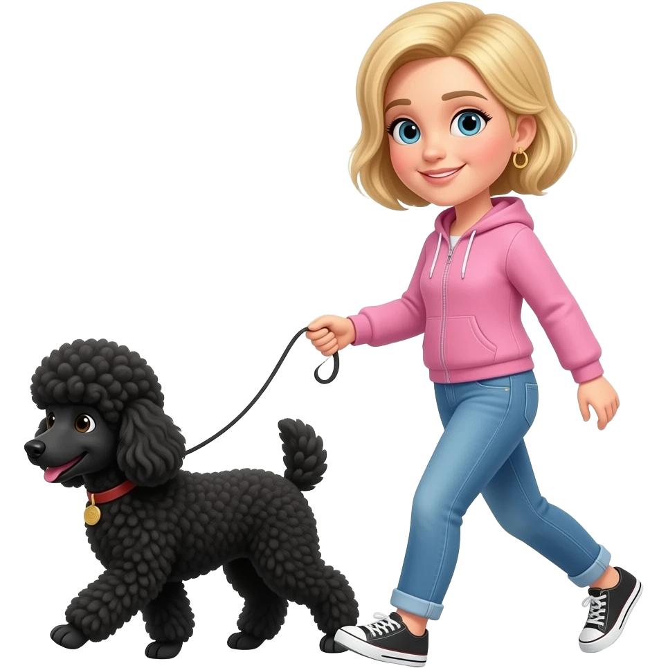 woman full body with blonde boy haircut walking black poodle emoji